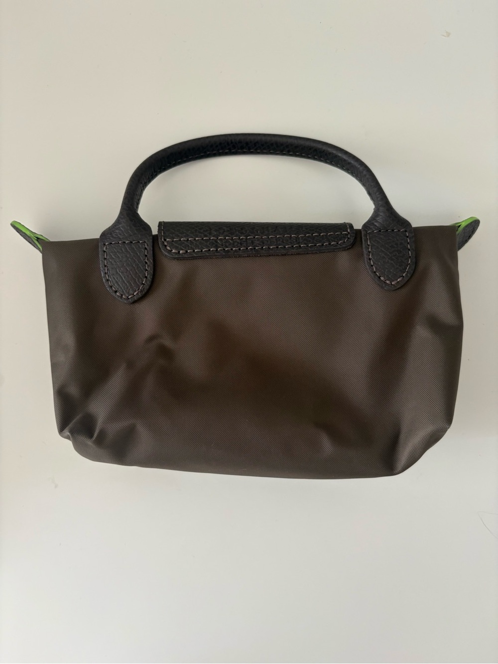 Longchamp Le Pliage XS Brown Leather & Nylon Crossbody Top Handle Rare Lime Trim - Picture 3 of 11